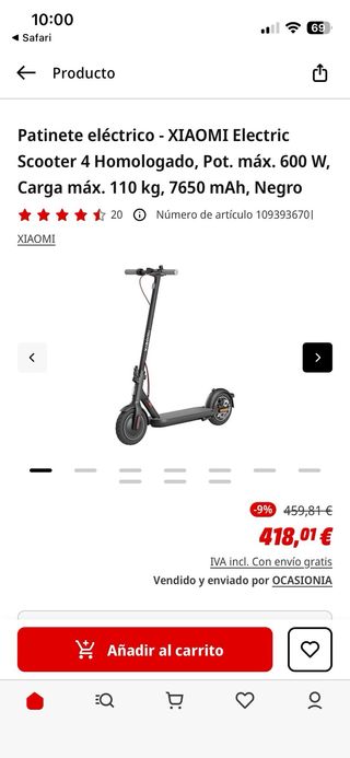 Patinete Xiaomi 4, con Garantía. Homologado Dgt.