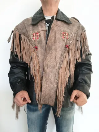 Cazadora vaquera cuero trampera flecos XXXL Medida