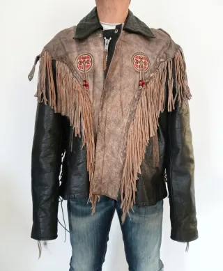 Cazadora vaquera cuero trampera flecos XXXL Medida