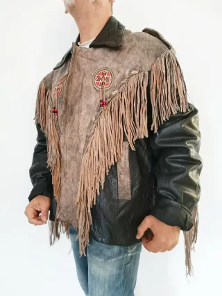Cazadora vaquera cuero trampera flecos XXXL Medida
