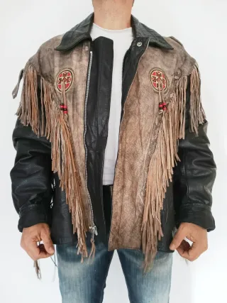 Cazadora vaquera cuero trampera flecos XXXL Medida