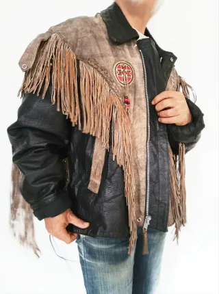 Cazadora vaquera cuero trampera flecos XXXL Medida