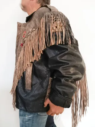 Cazadora vaquera cuero trampera flecos XXXL Medida