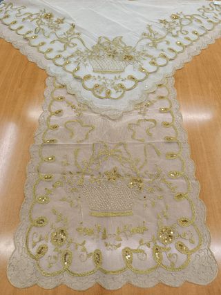 Manteleta tul poliester oro lent. oro y perlitas