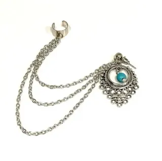 Pendiente Ear Cuff Plata Étnico Cadena Turquesa