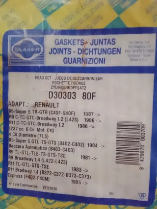 Juego Juntas Motor Renault Glaser D30303 80F