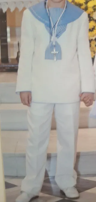 Traje Marinero Comunión blanco roto y celeste