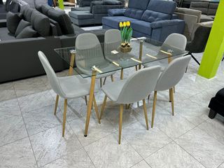 Mesa cristal y 6 sillas tapizadas gris