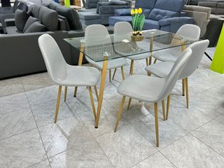Mesa cristal 140cm y 6 sillas tela gris