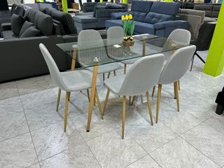 Mesa cristal 140cm y 6 sillas tela gris