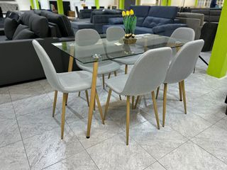 Mesa cristal 140cm y 6 sillas tela gris