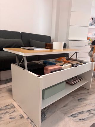 Mesa centro elevable madera y blanco