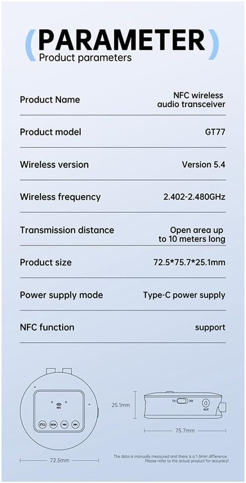 Receptor Bluetooth NFC GT77 5.4 Transmisor