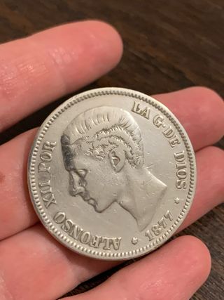 Moneda Plata 5 Pesetas Alfonso XII año 1877