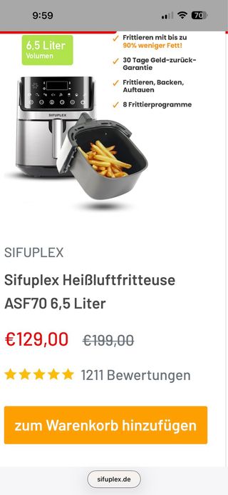 Freidora de Aire SIFUPLEX 6.5L 1700W.Marca alemana