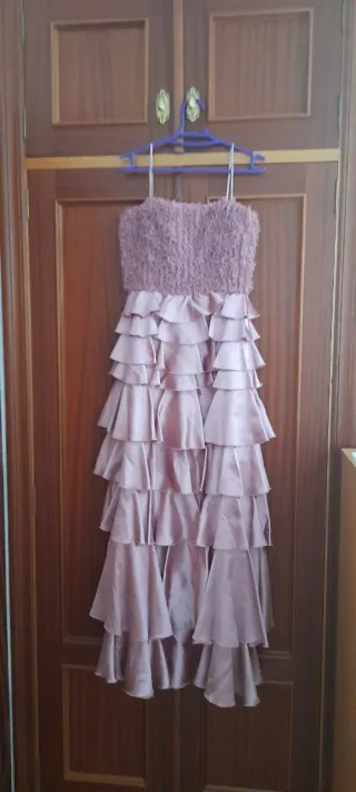 Vestido largo fiesta volantes rosa/morado