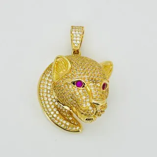COLGANTE PANTERA CIRCONITAS Y OJOS FUCSIA. Oro18K.