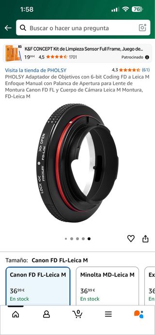 Adaptador PHOLSY FD a Leica M 6-bit Coding