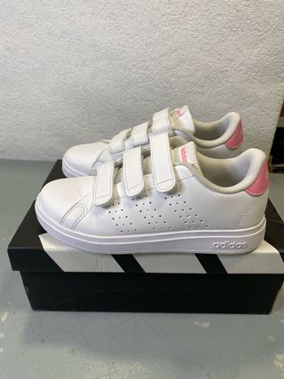 Tênis Adidas Advantage Infantil Velcro Branco Rosa