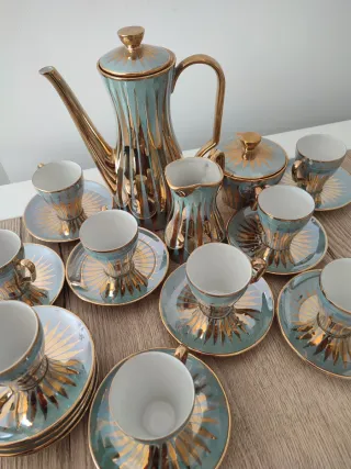 Juego café vintage años 60 dorado y celeste