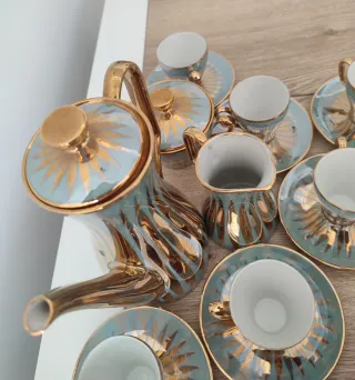 Juego café vintage años 60 dorado y celeste