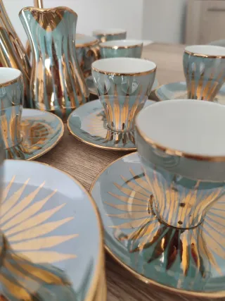 Juego café vintage años 60 dorado y celeste