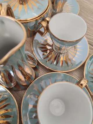 Juego café vintage años 60 dorado y celeste