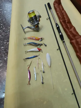Caña de pescar, carrete y señuelos