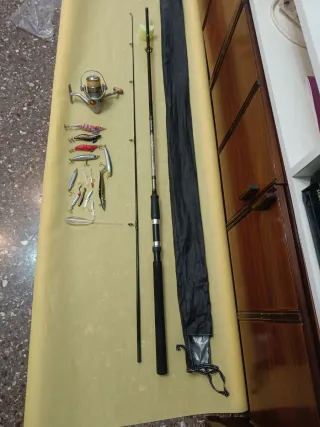 Caña de pesca con carrete y señuelos