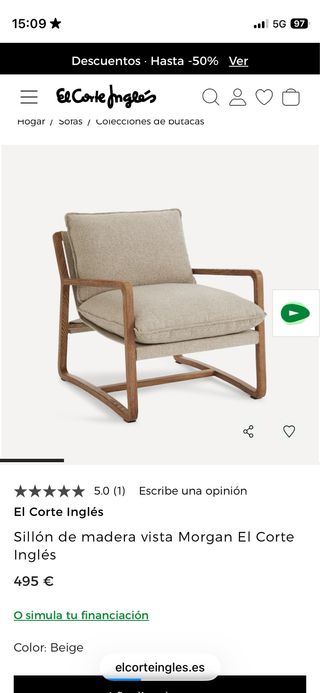 Sillón El Corte Inglés Madera Beige Nuevo