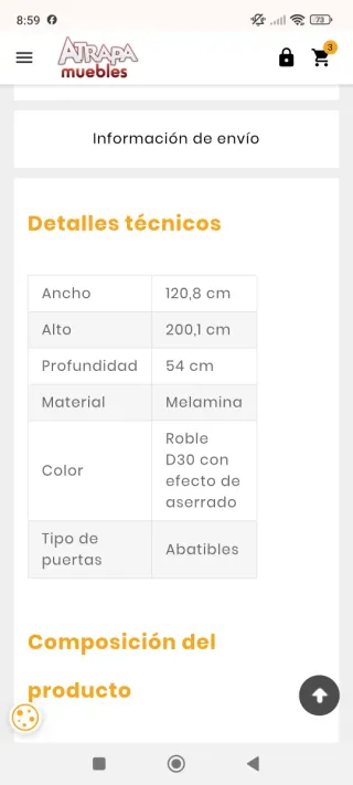 Armario 3 puertas de madera con espejo