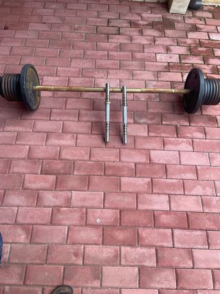 Barra, discos y mancuernas para gimnasio