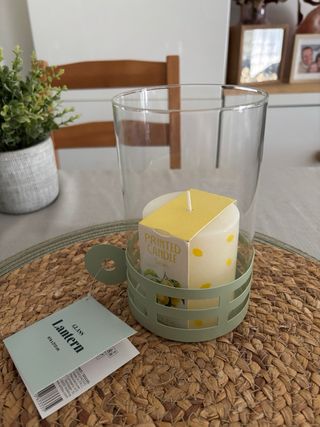 Farol de cristal y metal con vela