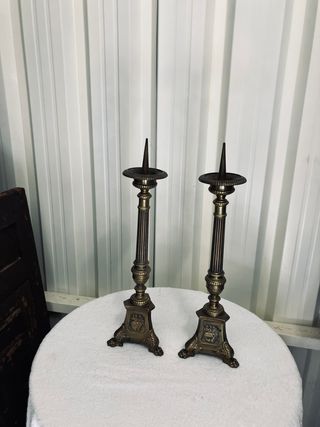 Pareja Candelabros Bronce Macizo Antiguos