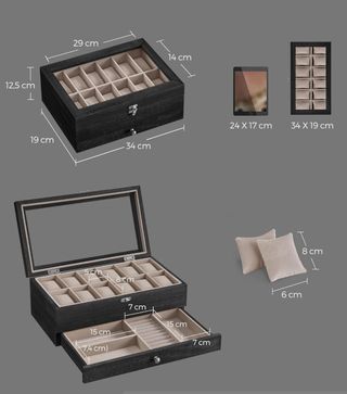SONGMICS Caja de Relojes con 12 Ranuras, Estuche de Relojes de Madera de 2 Niveles con Tapa de Cristal, Almohadillas, Forro de Terciopelo, Regalo de Seres Queridos, Negro Marrón JOW012K01