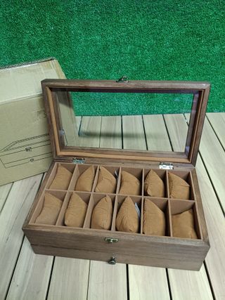 SONGMICS Caja de Relojes con 12 Ranuras, Estuche de Relojes de Madera de 2 Niveles con Tapa de Cristal, Almohadillas, Forro de Terciopelo, Regalo de Seres Queridos, Negro Marrón JOW012K01