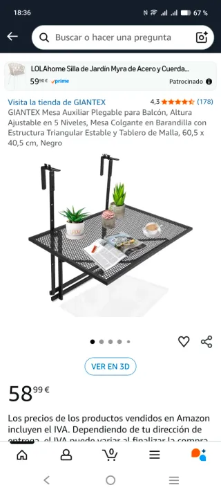 Mesa plegable barandilla terraza balcón metal