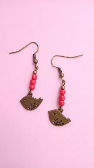 Pendientes Pájaro con cuentas rojas
