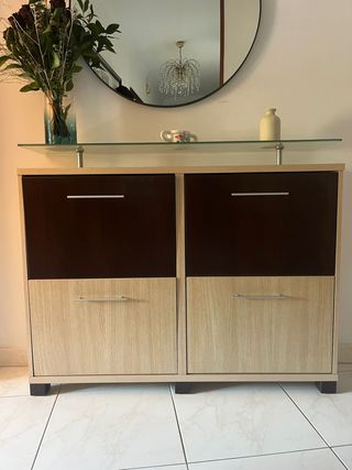 Mueble zapatero recibidor madera y cristal