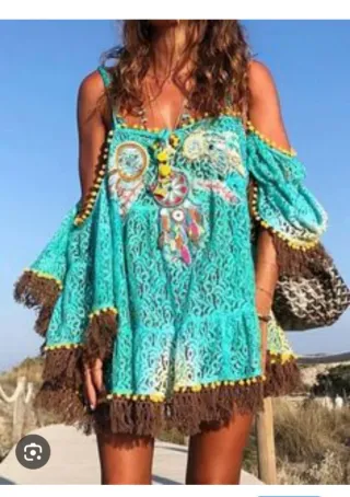 Vestido Boho Turquesa y Marrón Talla Única