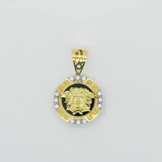 COLGANTE REDONDO MEDUSA ONIX Y GRECA 18K
