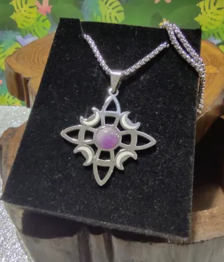 Colgante Acero Triple Luna Amatista Wicca