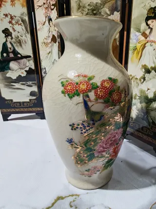 Jarrón chino de cerámica con pavos reales