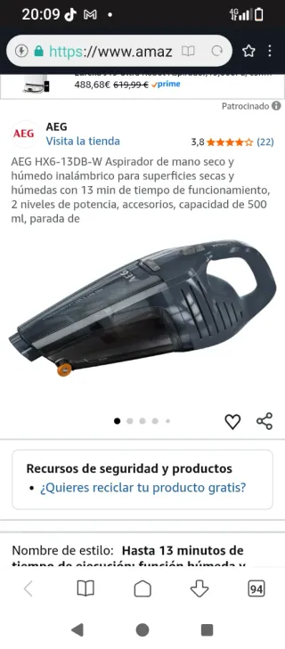 Aspirador de mano AEG HX6-13DB-W