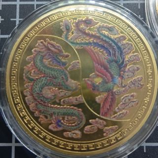 2 MONEDAS DE DRAGON Y FENIX BAÑADAS EN ORO 40MM