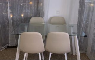 Mesa comedor cristal 4 sillas tela beige