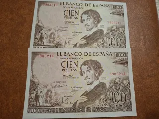 Pareja Billetes 100 Pesetas 1965 sin serie