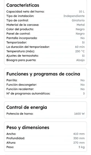 Horno Eléctrico Grunkel Negro