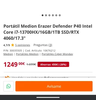 Portátil Medion Erazer Defender P40 pantalla 2k