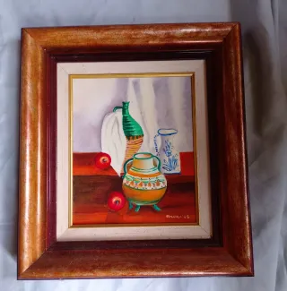 Cuadro bodegón con jarrones y manzanas